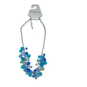Kim Rogers NWT Aqua blue beaded bib cluster collar necklace silver tone chain
